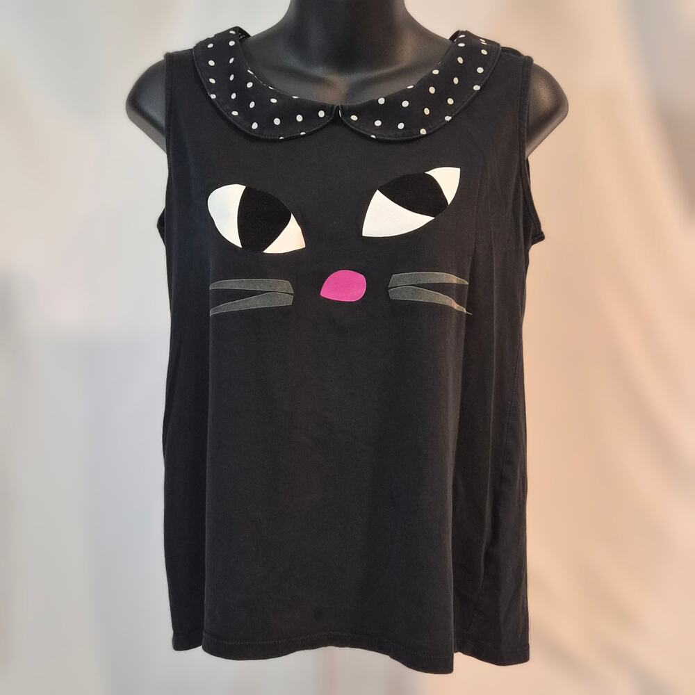 Uniqlo x Lulu Guinness Black Cat Peter Pan Collar Tank Top Large Cotton